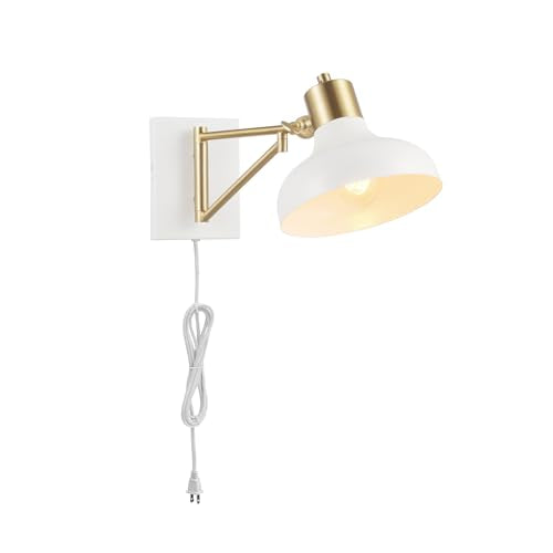 Globe Electric 51344 1-Light Plug-in or Hardwire Swing Arm Wall Sconce, White, Brass Accents, White-Cloth Cord, Mounted Bedside Lamp, Kitchen Sconces Wall-Lighting, Bulb Not Included - size: 5.75"
