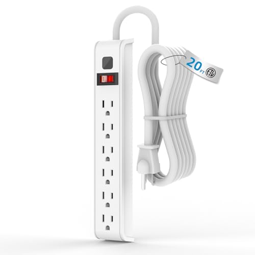 TiFFCOFiO Surge Protector Power Strip, 20 Feet Extension Cord, 600 Joules Surge Protection, Multiple Protection 6 Outlet Strip, 14 AWG Cord, 15A/1875W, ETL Listed - size: 20 ft, style: 1 PACK