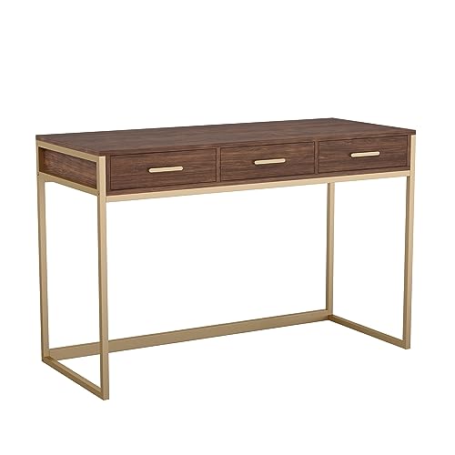 Martha Stewart Ollie Home Office Desk with 3 Drawers in Walnut Wood Grain with Polished Brass Hardware - color: Walnut Top/Polished Brass Frame