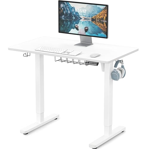 SHW 40 x 22 Inches Electric Height Adjustable Sit to Stand Desk, White | with Hanging Hooks and Cable Management, White Frame and White Top - color: White, size: 40-Inch