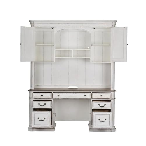 Ashford & Sons Credenza & Hutch, 67x16x52, Wood Veneers, White Oak & Birch Finish, Adjustable Shelves, Lockable File Drawers, Touch Lighting, USB Ports, Office Storage Desk with Keyboard Tray - size: Credenza & Hutch