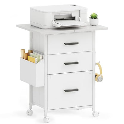 Mexin 3 Drawer File Cabinet with 22'' Extended Desktop, Mobile Filing Cabinet, Printer Stand, Rolling Printer Stand with Side Bag, Fabric Drawer, Fits A4 Size, Home Office, White - color: White