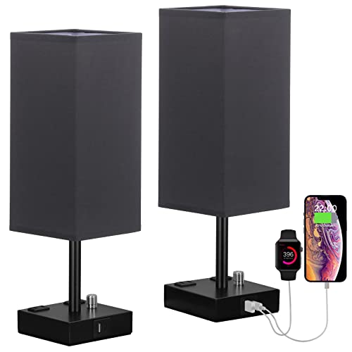 Black Bedside Table Lamps Set of 2 - Dimmable, USB C+A, 2 AC Outlets | Stepless Dimmable by Rotary Knob, 3000K LED Bulbs Included, Square Black Linen Shade, Nightstand Lamp for Living Room, Desk - color: Black