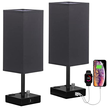 Black Bedside Table Lamps Set of 2 - Dimmable, USB C+A, 2 AC Outlets | Stepless Dimmable by Rotary Knob, 3000K LED Bulbs Included, Square Black Linen Shade, Nightstand Lamp for Living Room, Desk - color: Black