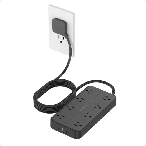 TESSAN Power Strip Surge Protector, 10FT Flat Plug Extension Cord | 8 Outlets 3 USB Charger(1 USB C), 1080 Joules Protection, Wall Mountable Charging Station for Home Office Dorm, Black - color: Black, size: 10FT-1080J surge protection