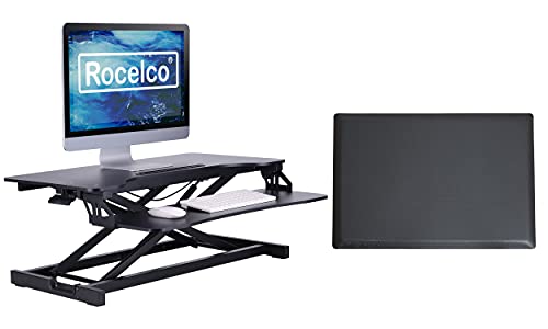 Rocelco Standing Desk Converter and Floor Mat - 31.5 Inch Sit Stand Up Dual Monitor Tabletop Riser with Tablet Mount, Height Adjustable Workstation - Deep Keyboard Tray - Black (R VADRB-MAFM) - color: Black, size: 31.5", style: Riser + Floor Mat