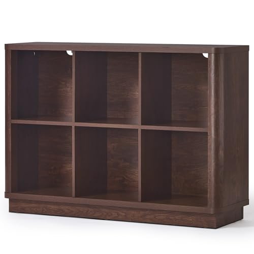 Joaxswe 6 Cube Bookcase, 40" Wide Low Horizontal Book Shelf w/Curved Edge, Wood Floor Standing 2-Tier Bookshelf with Base, Modern Short Storage Organizer for Bedroom,Office, Walnut - color: Walnut, size: 6 Cube (11.81"D x 40.5"W x 28.6"H)