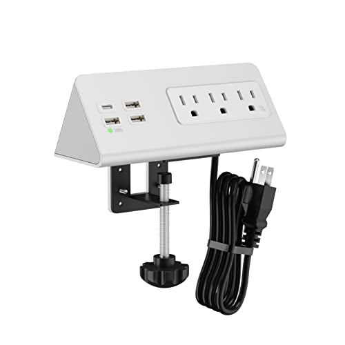 Nightstand Edge Mount Power Strip with USB-C Ports Tabletop Surge Protector Desk Clamp Power Sockets with 3 AC Outlets &4 Fast Charging USB Ports for Home Office Hotel and Dormitory - color: White
