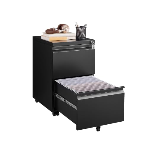 Approgreent 2 Drawer Metal File Cabinet, Fully Assembled Locking Filing Cabinet with Anti-Tipping Wheels, Quiet Slide, Heavy-Duty Steel Construction, Fits A4 Letter Legal for Home Office, Matte Black - color: 04-b Black