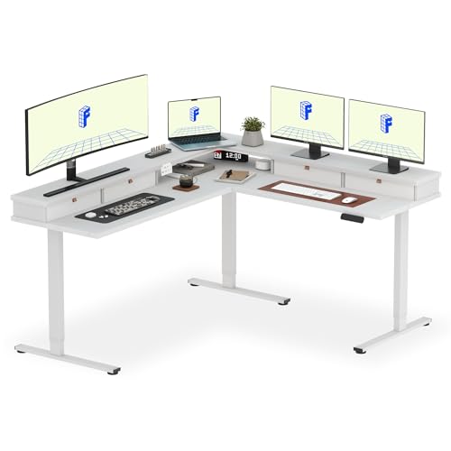 FLEXISPOT Reversible L-Shaped Corner Standing Desk with Monitor Shelf | 71x63", White, 4 Storage Drawers, Height Adjustable, Anti-Collision, Memory Presets, Sit Stand Desk for Home Office & Gaming - size: 71x63"丨White