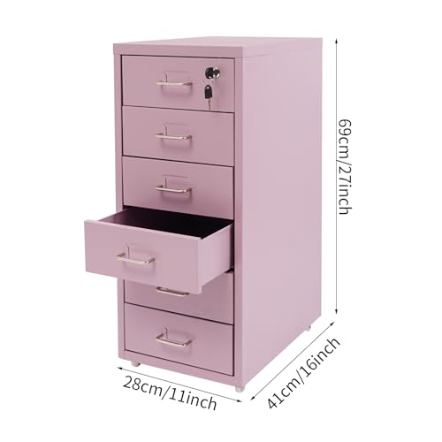 6 Drawers File Cabinet with Lock Rolling Mobile Filing Cabinet with Wheels Under Desk Vertical Filing Cabinet for Office/Home Metal (Purple) - color: Purple