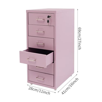 6 Drawers File Cabinet with Lock Rolling Mobile Filing Cabinet with Wheels Under Desk Vertical Filing Cabinet for Office/Home Metal (Purple) - color: Purple