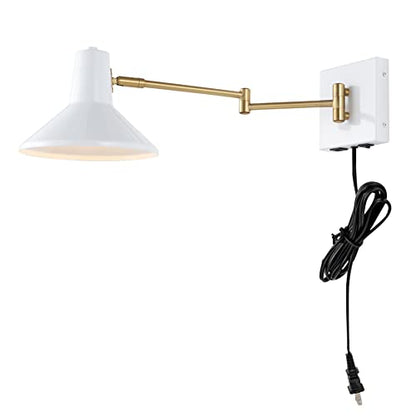 JONATHAN Y Hygge 1-Light Modern Swing Arm USB Sconce 8", White/Brass Gold | Metal Construction, Plug-In Midcentury Bedside Wall Lamp, Cone Shade, Adjustable Head, LED Bulb Included - color: White/Brass Gold