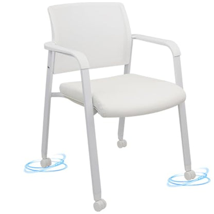 CLATINA Mesh Back Stacking Guest Chairs, Stackable Waiting Room Arm Chair with Wheels & Leather Upholstered for Office Reception Hospital Lobby School Conference Medical Meeting Church, White - size: 1 Pack