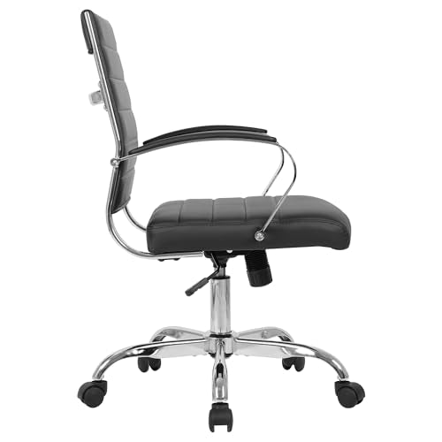 LANDSUN Home Office Chair Mid Back Desk Chair PU Leather Ribbed Executive Swivel Computer Chair with Wheels and Armrests Soft Padded Adjustable Height Conference Task Black