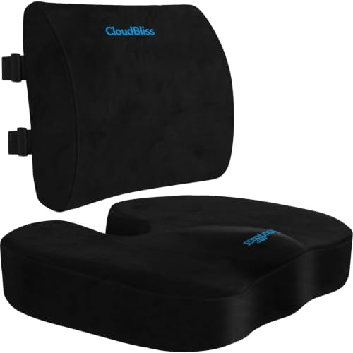CloudBliss Ergonomic Seat Cushion & Lumbar Support Pillow Set, Black, XL | Back Pain & Sciatica Relief, Memory Foam Support, Adjustable Straps, Machine Washable Velvet, Perfect for Office, Car, Gaming - color: Black, size: X-Large