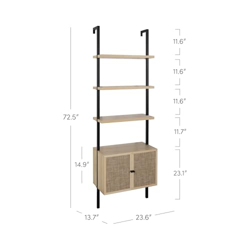 Nathan James Theo Industrial Open Shelf Bookcase with Accent Rattan Drawers Light Oak Wood, Matte Black Frame, Set of 4 - color: Theo Light Oak/Black, size: Set of 4