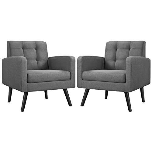 Yaheetech Mid Century Accent Chairs Set of 2 Living Room Chairs Dark Gray | Linen-Like Upholstered Sillones Para Sala, Modern Reading Nook Chairs, Button Tufted Back, Rubberwood Legs, Bedroom Office - color: Dark Gray, size: set of 2