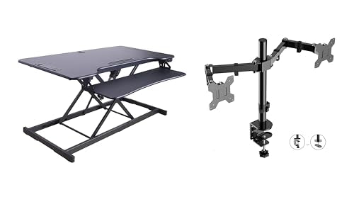 Rocelco 46" Electric Standing Desk Converter with AC Outlet USB Charger and Dual Monitor Arm Mount - Motorized Adjustable Sit Stand Riser - Tabletop Workstation Keyboard Tray - Black (R EDRB-46-DM2) - color: Black, size: 46", style: Riser + Dual Mount