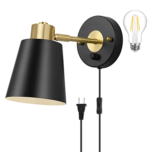 VATONI Plug in Wall Sconce, Dimmable Wall Sconce Adjustable Wall Lights with Plug in Cord and Dimmer On/Off Rotary Switch, Wall Mounted Light for Bedside Bedroom Doorway(One Bulb Included) - color: Black, size: 1 Pack - no Remote