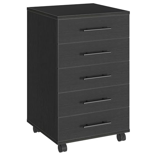 HOOBRO 5-Drawer File Cabinet, Office Cabinet with Drawers, Wooden Storage Cabinet with Wheels for Makeup, Home Office, Study, Easy Assembly, Black BK05WJ01 - color: Black