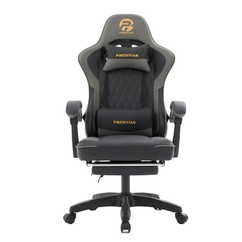 Ergonomic Gaming Chair with Footrest and Lumbar Support, High Back Reclining PU Leather Computer Chair with Headrest and Linkage Armrests, Swivel Height Adjustable Office Gamer Chair for Adults (Gray)