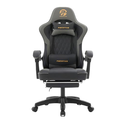 Ergonomic Gaming Chair with Footrest and Lumbar Support, High Back Reclining PU Leather Computer Chair with Headrest and Linkage Armrests, Swivel Height Adjustable Office Gamer Chair for Adults (Gray)