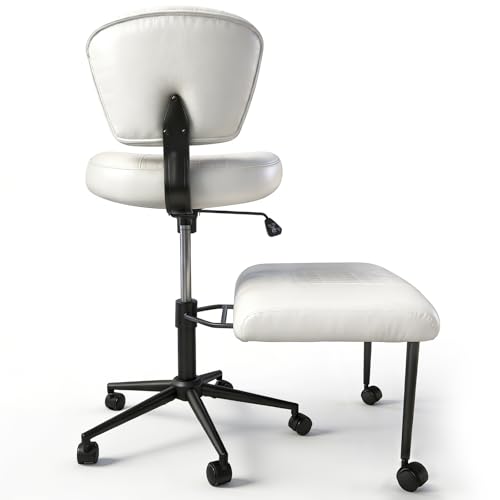 Meditation Chair with Footrest, 360° Swivel Height Adjustable Criss Cross Chair, White PU Padded Wide Seat, Home Office Desk Chair for Reading, Yoga, Peaceful Living - color: White