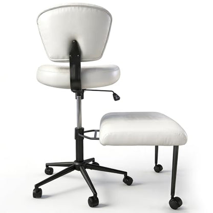 Meditation Chair with Footrest, 360° Swivel Height Adjustable Criss Cross Chair, White PU Padded Wide Seat, Home Office Desk Chair for Reading, Yoga, Peaceful Living - color: White