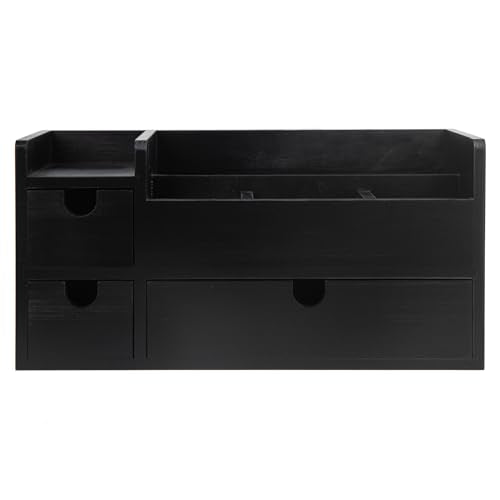 Vintage Black Wooden Desktop Organizer Removable Drawers Office Supplies Wood Storage Cabinet Caddy Box Stationery Pencil Slots Mail Holder Note Pads Accessories Home Makeup Tools Cosmetics