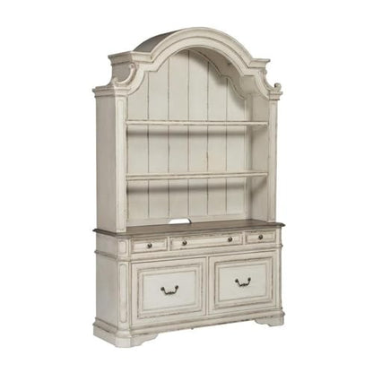 Ashford & Sons White Credenza Desk, Antique Finish, Rubberwood Solids and Oak/Birch Veneers, Weathered Brown Top, Dovetail Construction, File and Storage Drawers, Antique Pewter Hardware, Office - size: Filing Credenza