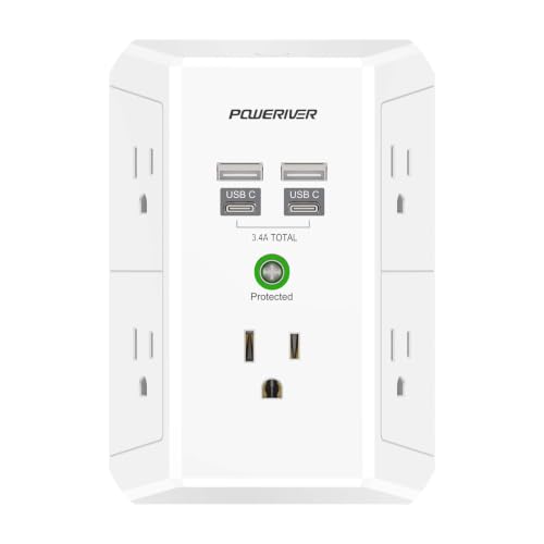 Multi Outlet Extender Surge Protector - POWERIVER Multi Plug Wall Outlet with 5 AC Outlets and 4 USB Ports(2USB C), 1680 Joules, Outlet Splitter for Home School Office, ETL Listed, White - color: White, size: 2U2C/Standard