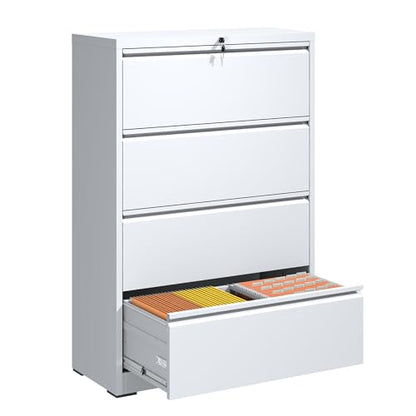 4 Drawer File Cabinet with Lock, Metal Lateral Filing Cabinets - color: White, size: 4 Drawer_ 35"W