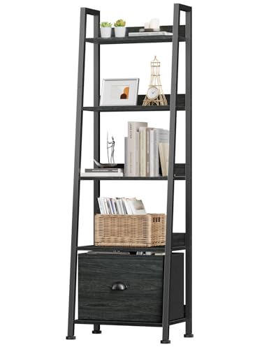Furologee Ladder Shelf, Ladder Bookshelf with Drawer, Industrial 5 Tier Book Shelf, Display Open Bookcase Storage Shelves for Books, CDs, Photos, Black Shelving Unit for Home Office, Living Room