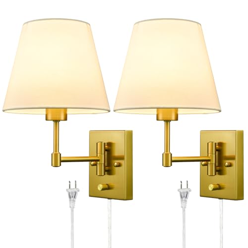 SAMTEEN Gold Plug in Wall Sconces Set of Two | Modern Sconce Light with Beige Shade, Brass Swing Arm Wall Lamp with Plug-in Cord, Wall Mount Light for Bedroom Living Room - color: Gold