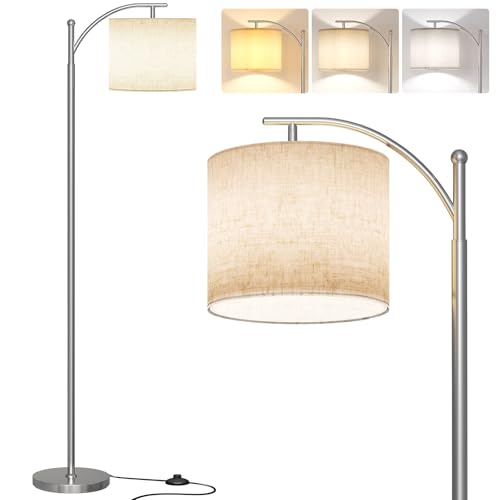 SUNMORY Arc Floor Lamp, Modern Floor Lamp with 9W 3 Color Temperatures Bulb, Metal Standing Lamps with Adjustable Hanging Lampshade, Tall Floor Lamps for Living Room, Bedroom, Office - color: Nickel