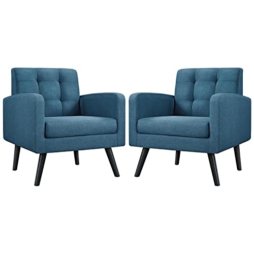 Yaheetech Mid Century Accent Chairs Set of 2 Living Room Chairs Navy Blue | Linen-Like Upholstered Sillones Para Sala, Modern Reading Nook Chairs, Button Tufted Back, Rubberwood Legs, Bedroom Office - color: Navy Blue, size: set of 2