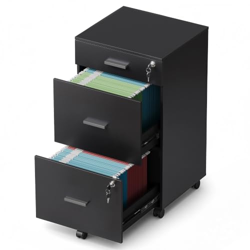 DEVAISE 3 Drawer Rolling File Cabinet with Lock, Wood Filing Cabinet fits Letter / A4 Size for Home Office, Black | Wood Filing Cabinet fits Letter / A4 Size for Home Office, Black - color: Black