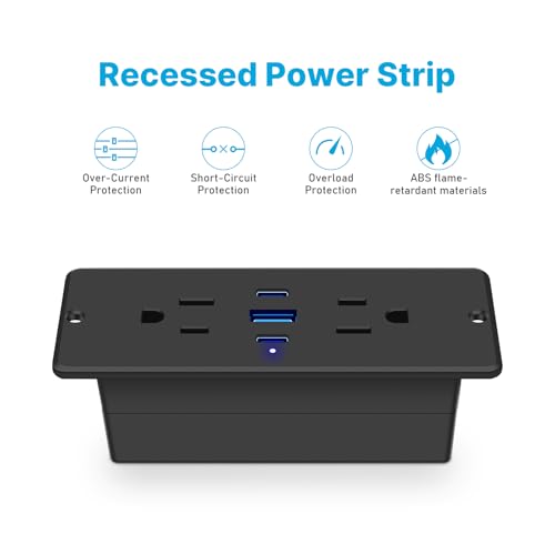 CCCEI Recessed Power Strip with Outlet and 65W USB C Ports, Furniture Flush Mount Power Strip, Small Desk Hidden Outlet for Conference Table, Nightstand, Black, 6FT. - size: 6FT, style: 65W_USB-C