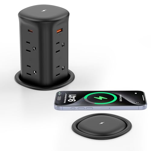 VILONG Pop Up Countertop Outlet with 15W Wireless Charger,4 USB/8 AC - color: Black, size: 65W