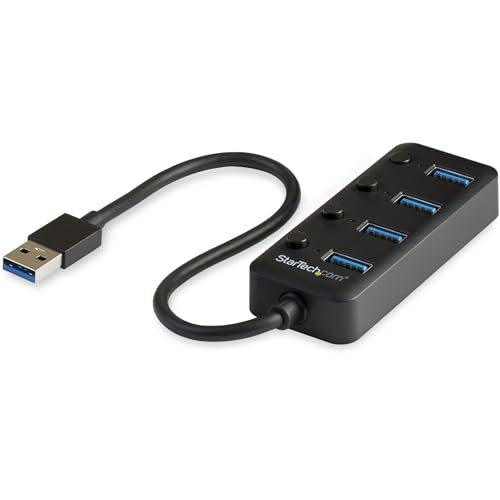 StarTech 4-Port USB-A Hub 5Gbps with Per-Port Switches, LEDs (HB30A4AIB) | USB 3.0 expansion, USB Powered, Individual on/off switches, Desktop laptop type-A splitter, Reset without unplugging