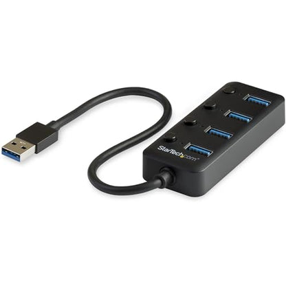 StarTech 4-Port USB-A Hub 5Gbps with Per-Port Switches, LEDs (HB30A4AIB) | USB 3.0 expansion, USB Powered, Individual on/off switches, Desktop laptop type-A splitter, Reset without unplugging