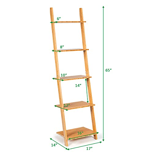 Tangkula Bamboo 5-Tier Ladder Shelf Bookshelf, Wall-Leaning Bookshelf, Plant Flower Stand, Storage Display Shelves for Living Room Bathroom Office, Multifunctional Ladder Bookcase (Natural) - size: 17" x 14" x 65" (L x W x H)