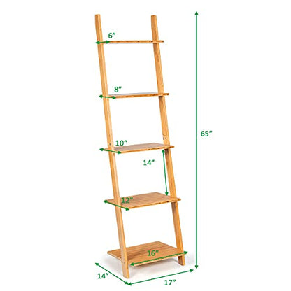 Tangkula Bamboo 5-Tier Ladder Shelf Bookshelf, Wall-Leaning Bookshelf, Plant Flower Stand, Storage Display Shelves for Living Room Bathroom Office, Multifunctional Ladder Bookcase (Natural) - size: 17" x 14" x 65" (L x W x H)