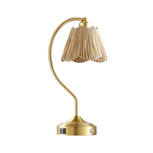 Boho Rattan Touch Small Table Lamps USB C+A Ports | Retro Rattan Shade, 3-Way Dimmable Farmhouse Lamp for Bedroom Living Room Entryway Office, LED Bulbs Included - color: Brass-Single