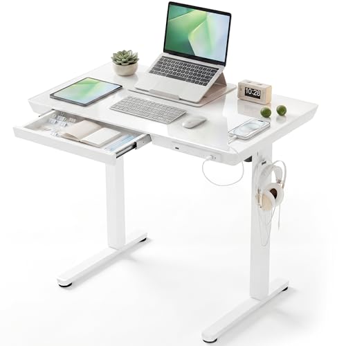 YDN 35" Small Glass Standing Desk with Drawers & USB Ports, Whole-Piece Glass Top Adjustable Height Desks, Quick-Install Electric Sit-Stand Up Desk for Home Office & Computer Workstation, White - color: White, size: 35 inch