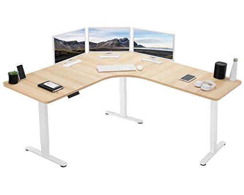 VIVO Electric Height Adjustable 71 x 71 inch Curved Corner Stand Up Desk, Light Wood Table Top, White Frame, Memory Controller, L-Shaped Workstation, E3C Series, DESK-KIT-E3CWC - color: Light Wood Top / White Frame, size: 71" x 71"