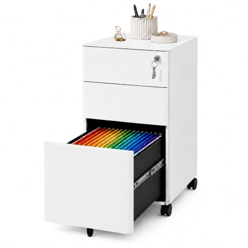 SAWJEC 3 Drawer Mobile File Cabinet Fully Assembled, White | 11.8"W x 17.7"D x 24"H, Rolling Under Desk Metal Filing Cabinet with Lock, for Home Office, Fit Legal/Letter/A4 Size - color: White, size: 24"H x 11.8"W x 18"D