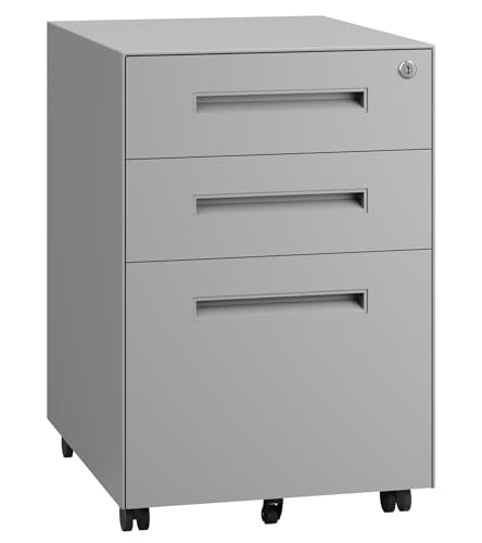 Dripex 3 Drawer Metal Rolling File Cabinet Under Desk Filing Cabinet Grey | 15"W x 18"D x 24"H, Lockable, 5 Wheels, Fully Assembled, Letter/Legal Size, Suitable for Home Office - color: Grey