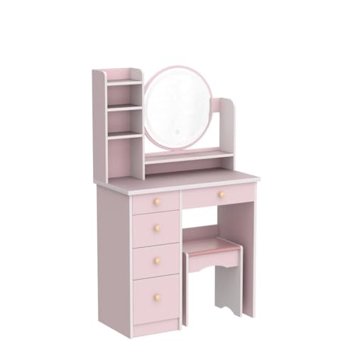 ECACAD Vanity Desk Set with LED Lighted Round Mirror, Makeup Dressing Table with 5 Drawers, Storage Shelves & Cushioned Stool for Bedroom, Pink - style: Pink-With Light